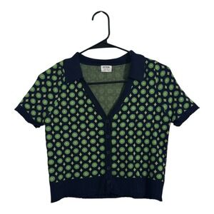 Cotton On Women's Navy Green Geometric Short Sleeve Knit Cardigan CropTop Size M